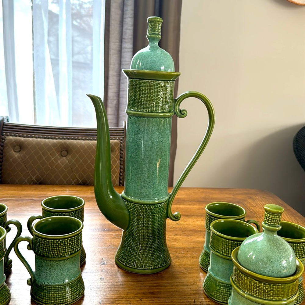 Vintage MCM Green Ceramic Coffee Set | Carafe 16 1/2 tall by 8 1/2 wide - Picture 14 of 17